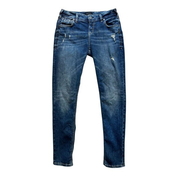 Silver Jeans Co. Womens Distressed Skinny Jeans Size 28x29 Blue Denim Medium Was - Picture 1 of 11